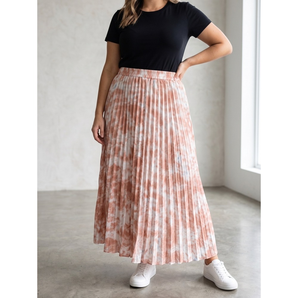 Time and Tru Womens XXL 20 Pink Tie Dye Pleated Maxi Skirt Elastic Waist Flowy